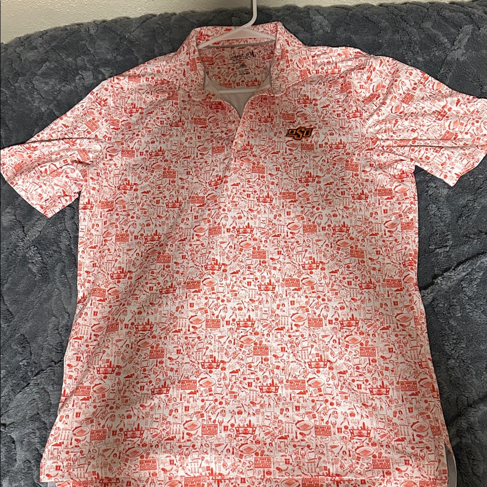 johnnie-O Orange and White Patterned Polo Oklahoma state